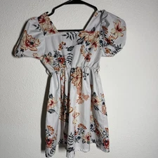 Girls Fit & Flare Mini Dress White Floral Puff Sleeve Square Neck Elastic Waist