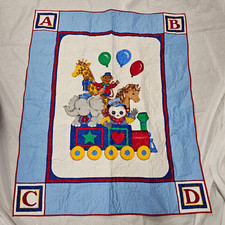 Vintage Baby Quilt Blanket ABCD Train Balloon Panda Bear Giraffe Elephant Horse