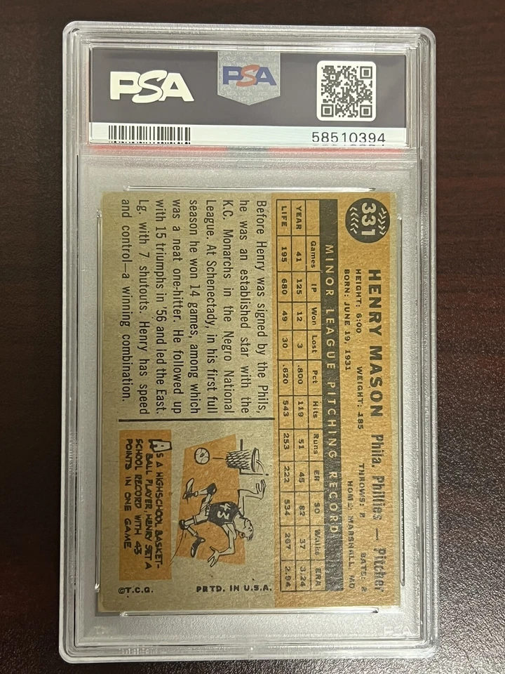 1960 TOPPS #331 Henry Mason PSA 4 VG EX Philadelphia Phillies - Image 2 of 2