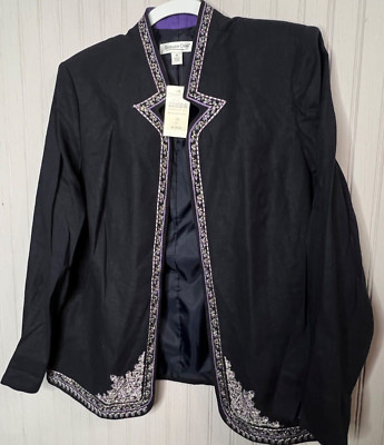 Coldwater Creek Womens JACKET 16 Linen Blue Purple Embroider Peruvian NEW $129
