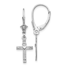 31mm 14K White Gold Mini Cross with Heart Leverback Earrings