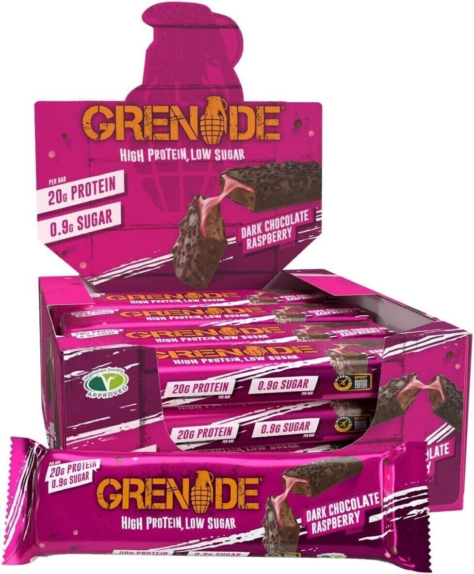 GRENADE DARK CHOCOLATE RASPBERRY high protein bar low sugar 12 x 60g