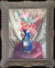 Amaryllis in einer blauen Porzellanvase. Schöner Rahmen