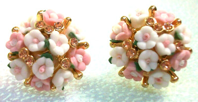 Earrings Pink White Flowers Rhinestones Stud Pierced Posts Flower Power Garden