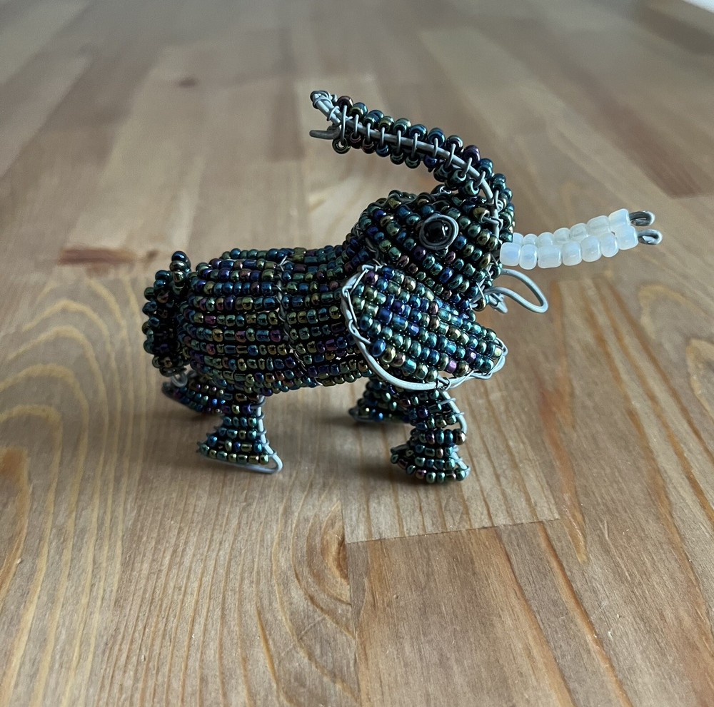 Beaded Elephant Wire Metal Iridescent Figurine Handmade Small Trunk Up