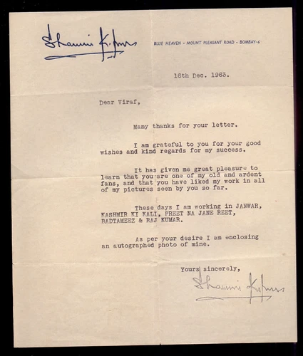 1963 India Bollywood Actor Shammi Kapoor Autograph Letter & Autographed Photo