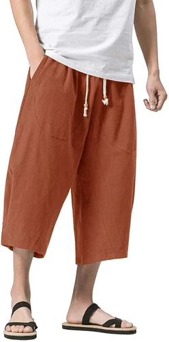 Pantalones capri holgados harén calce suelto cintura elástica 3/4 algodón lino para hombre - Imagen 15 de 24