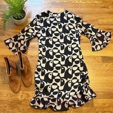 Farm Rio Women’s XS Black White Geo Toucan Mini Dress Zip Keyhole Lined Ruffle