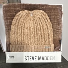 Steve Madden Women's 2-Piece Knit Beanie & Scarf Set Brown Lavender SMA-1879