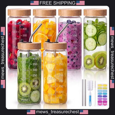 Glass Juice Bottles Set with Bamboo Lids, 16oz, 6 Pack