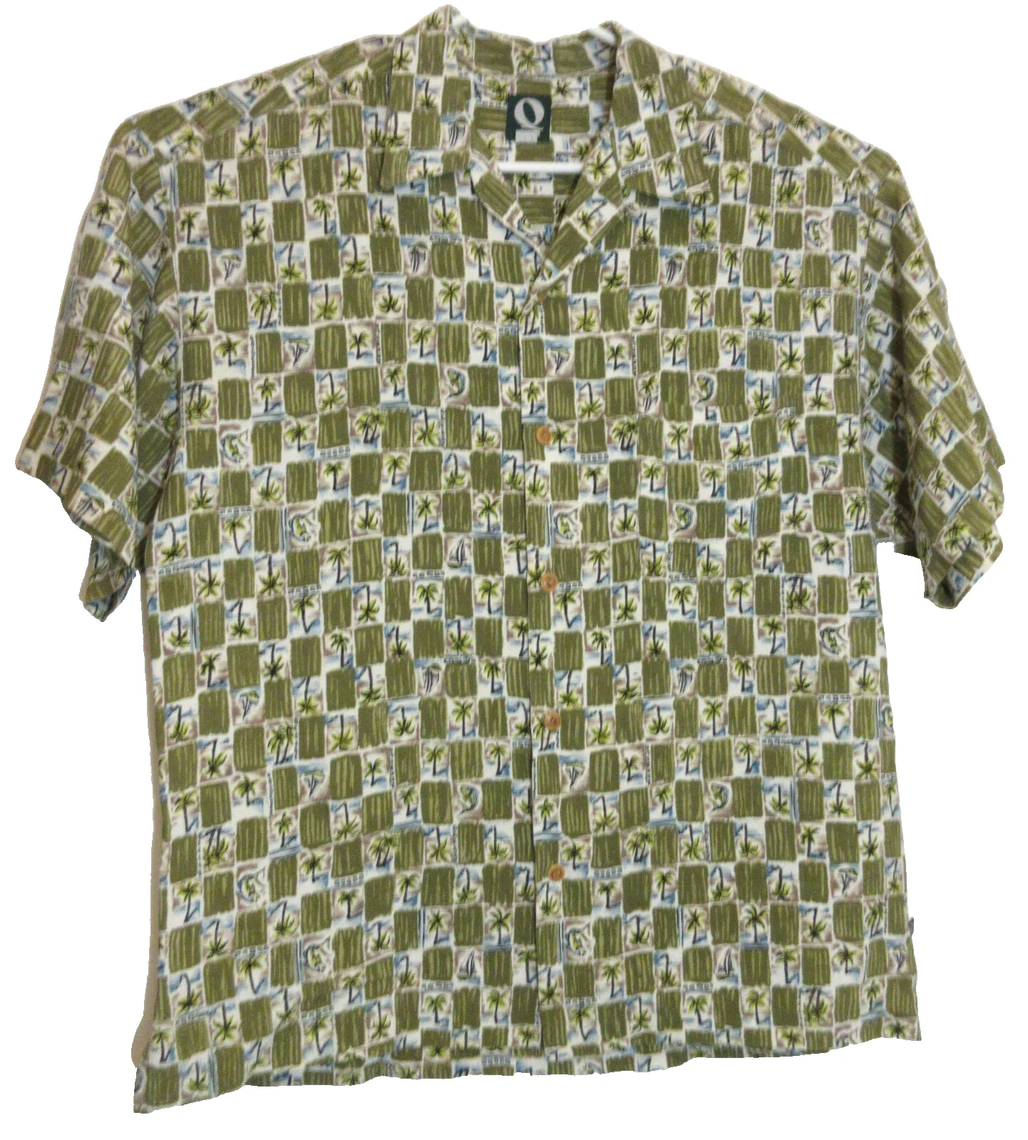 QUE Mens Short Sleeve Palms Trees Fish Green Hawaiian Fishing Rayon Shirt M