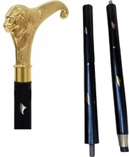 Nautical Solid Brass Lion Head Handle Wooden Walking Stick Cane black With gold