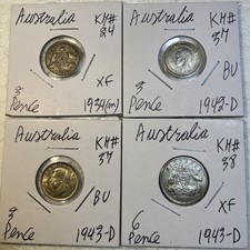 Australia 1934 - 1943 Sterling Silver 3 & 6 Pence XF - BU Condition 4 Coin Lot
