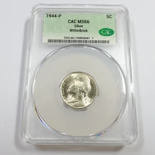 1944 P CAC MS66 Silver - Jefferson Nickel 5c US Coin #57322B