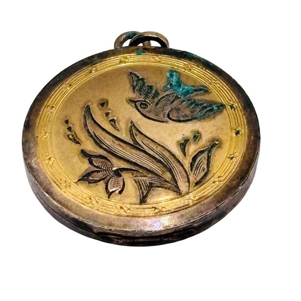 Antique Gold Filled Watch Fob Etched Bird Floral Round Locket Nature Keepsake