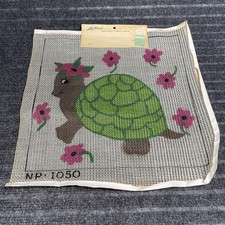 Vintage Lee Wards Needlework Hippy Flowers Turtle NP-1050 Needlepoint Canvas 14"
