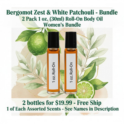 Bergamot Zest Whte Patchouli 2 Pack-30ML Women's Roll On Perfume Body Oil Bundle