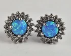 Sterling Silver Blue Fire Opal Cluster Halo Stud Earrings, Vintage Jewelry
