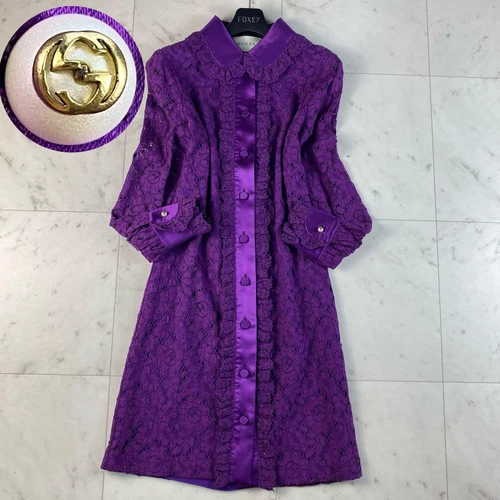 Abito Camicia Gucci Bottone Perla Viola Pizzo Manica Lunga Donna Moda