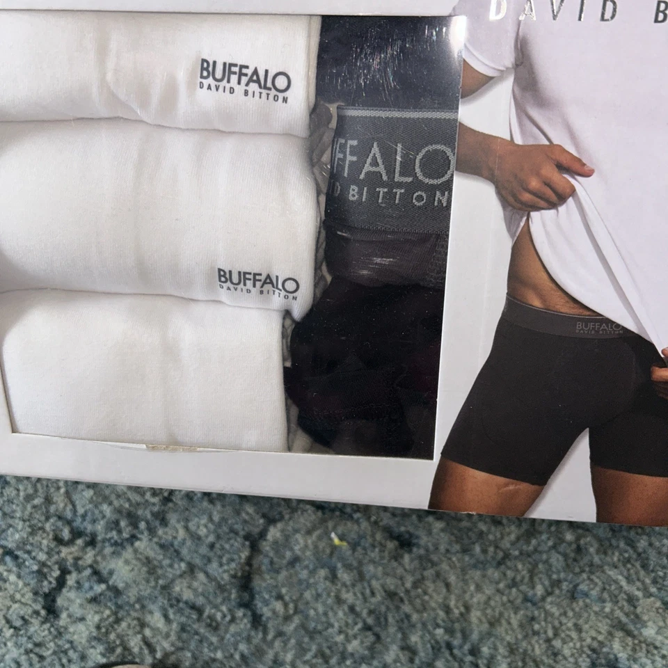 BUFFALO HOMBRE BLANCO CUELLO REDONDO CAMISETAS CALZONCILLOS BOXER NEGROS NUEVO Pequeño Juego de 6 Piezas Foto 2 de 4