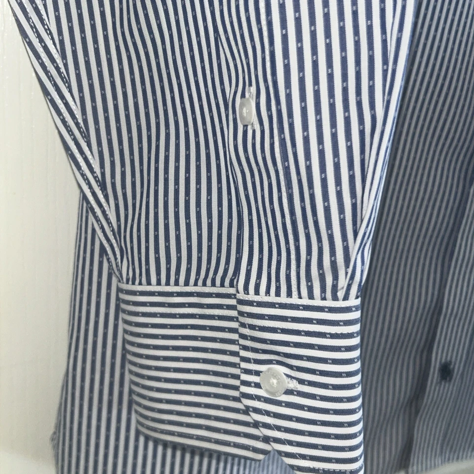Camisa de vestir Hart Schaffner Marx 16 1/2-35 100 % algodón Pima sin hierro rayas azules Foto 4 de 4