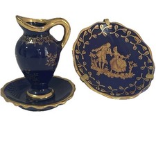 Limoges Porcelain Miniatures Cobalt Blue Gold Pitcher 2 Plates Courting Couple