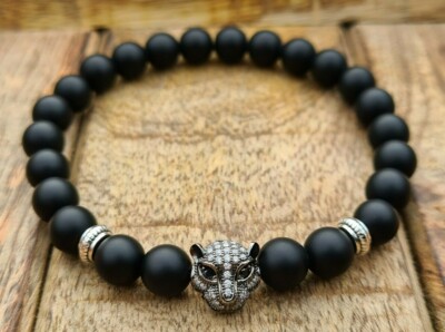 Panther Armband 8mm Onyx Bracelet Leopard Perlenarmband Damen Partnerarmband 