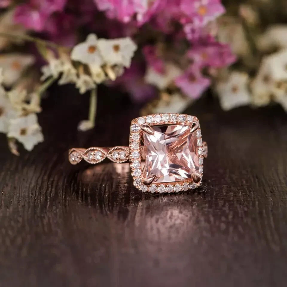3.5Ct Princess Cut Morganite Diamond Halo Engagement Ring 14K Rose Gold Finish - Image 2 of 4