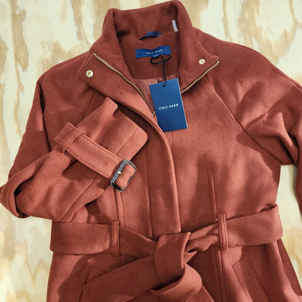 COLE HAAN Raglan Melton MUJERES Talla 2 Naranja MEZCLA DE LANA Abrigo con Cremallera Cinturón Nuevo con Etiquetas Foto 2 de 4