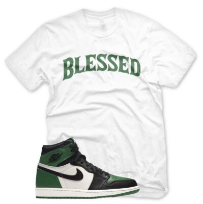 New White BW BLESSED T Shirt J1 Retro 1 High OG Pine Green
