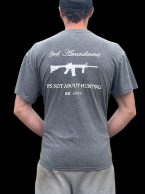 custom new dark grey second amendment t shirt with white lettering & ar15 rifle