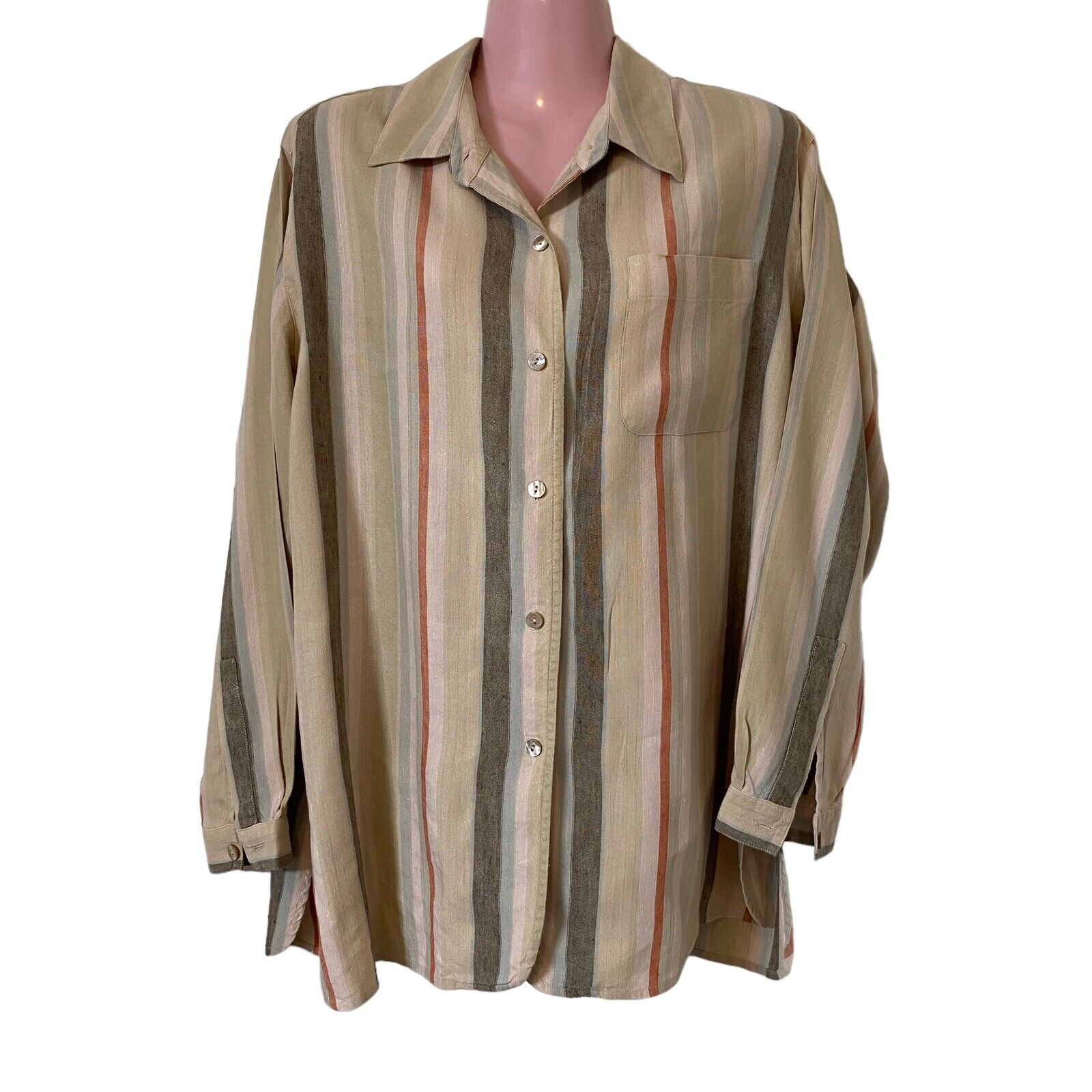 Talbots Shirt Blouse Womens Size M Beige Stripe L… - image 1