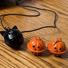 Halloween Charm Jewelry Set: Pumpkin Bell Earrings  Black Cat Bell Necklace