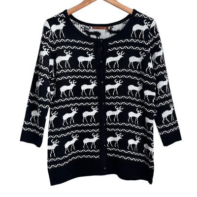 Belldini Women L Sweater Cardigan Black White Reindeer Holiday Winter Ugly Party