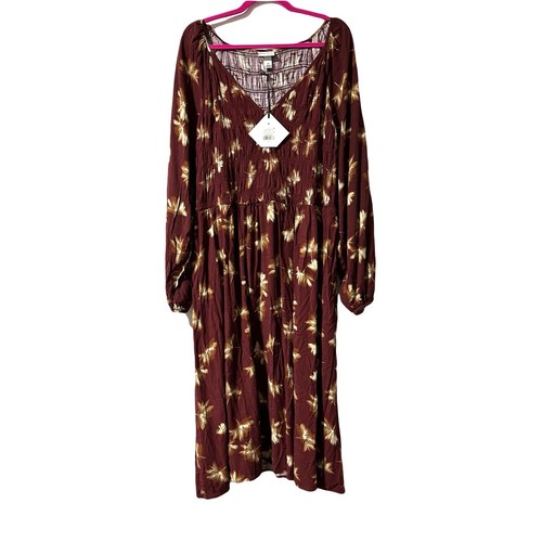 AVA & VIV Midi Dress Size 2X Balloon Long Sleeve Smocked Top V-Neck Fall NWT
