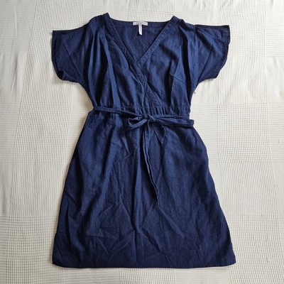 Bravissimo Curvy Navy Blue Linen Blend Wrap Dress Size 10 Euro Summer 90s
