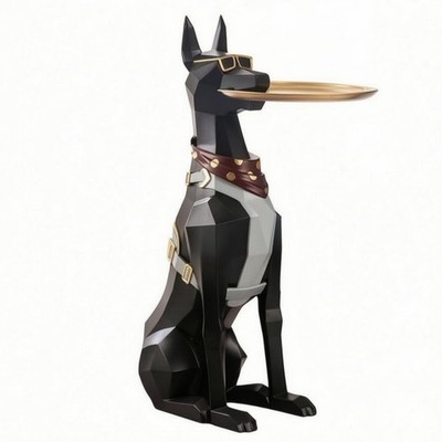Doberman Statue Tray Black and Golden Geometric Dog Sculpture Decorative