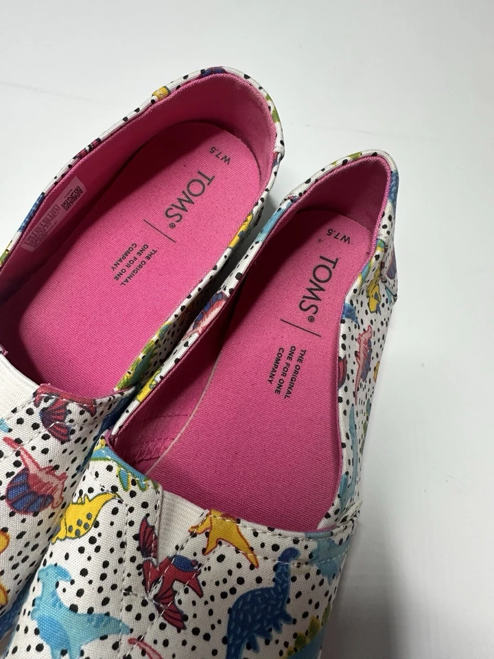 Zapatos Mocasines Toms Alpargata Para Mujer Talla 7.5 Blanco Lunares Dinosaurio Sin Cordones Foto 3 de 4