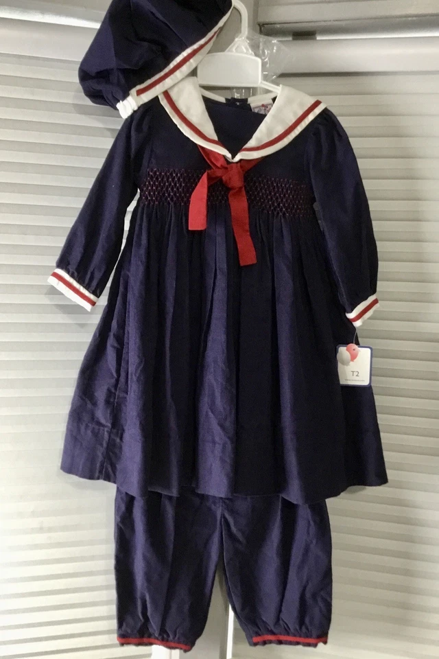 Difícil de Encontrar-80’s-Petit Ami-Marino Náutico Marinero Vestido Calado, Bloomer, Gorro-2T-NUEVO CON ETIQUETAS Foto 2 de 4