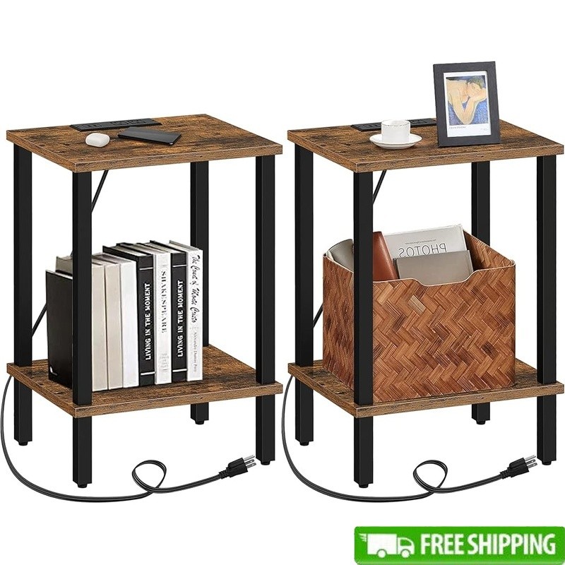 End Table W/ Charging Station USB Ports AC Outlets 2-Tier Storage Nightstand