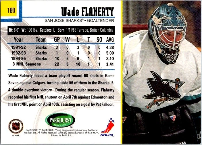 Wade Flaherty 1995-96 Parkhurst International #189 Sharks Auto Hand Signed - Image 2 of 2