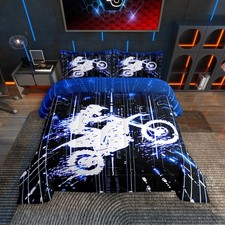 Kids Blue Dirt Bike Comforter Set Full Size, Extreme Sports Comforter Boys Gi...