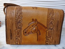 Vintage Hand Tooled Brown Leather Handbag Horse Equestrian Shoulder Bag Western