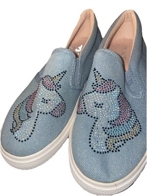 The Children s PLACE Girls Unicorn Rhinestone Slip-On Shoes Blue Denim Flat Sz 5