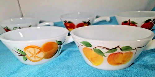 Set 5 VTG USA Fire King Milk Glass Handled 5 in Soup Bowls Gay Fad Fruit