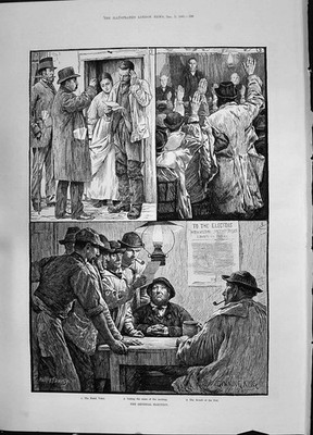 Alter antiker Druck 1885 Parlamentswahl Landwähler Kurfürsten Davey King 19.