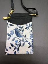Danny K crossbody purse blue finch bird Tapestry blue and white gold tone