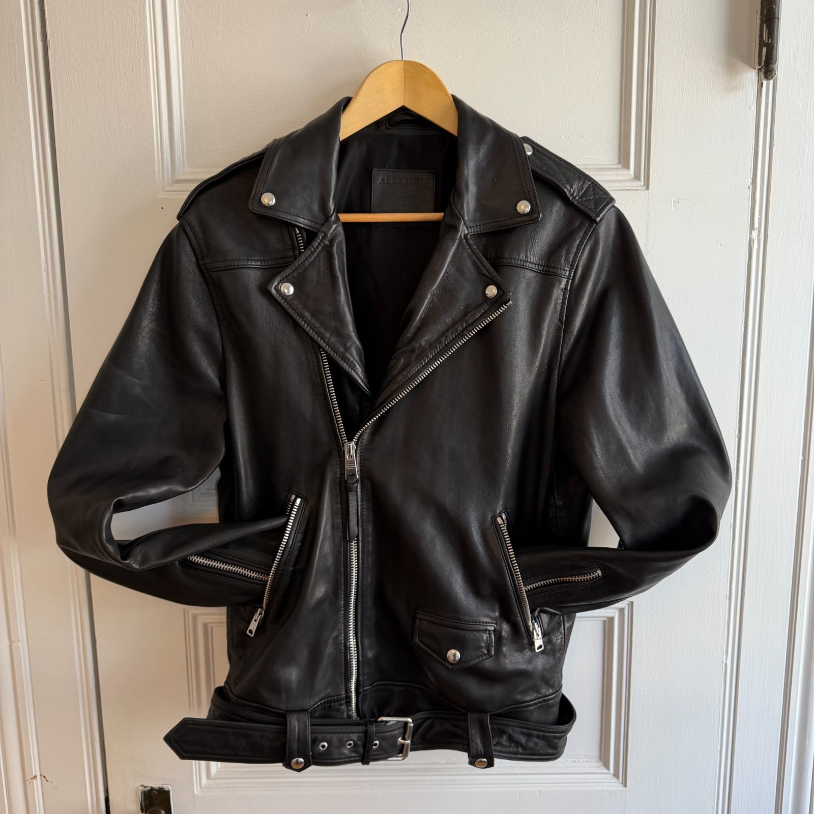 AllSaints Black Leather Moto Biker Jacket Silver Hardware Classic Fit Mens Size