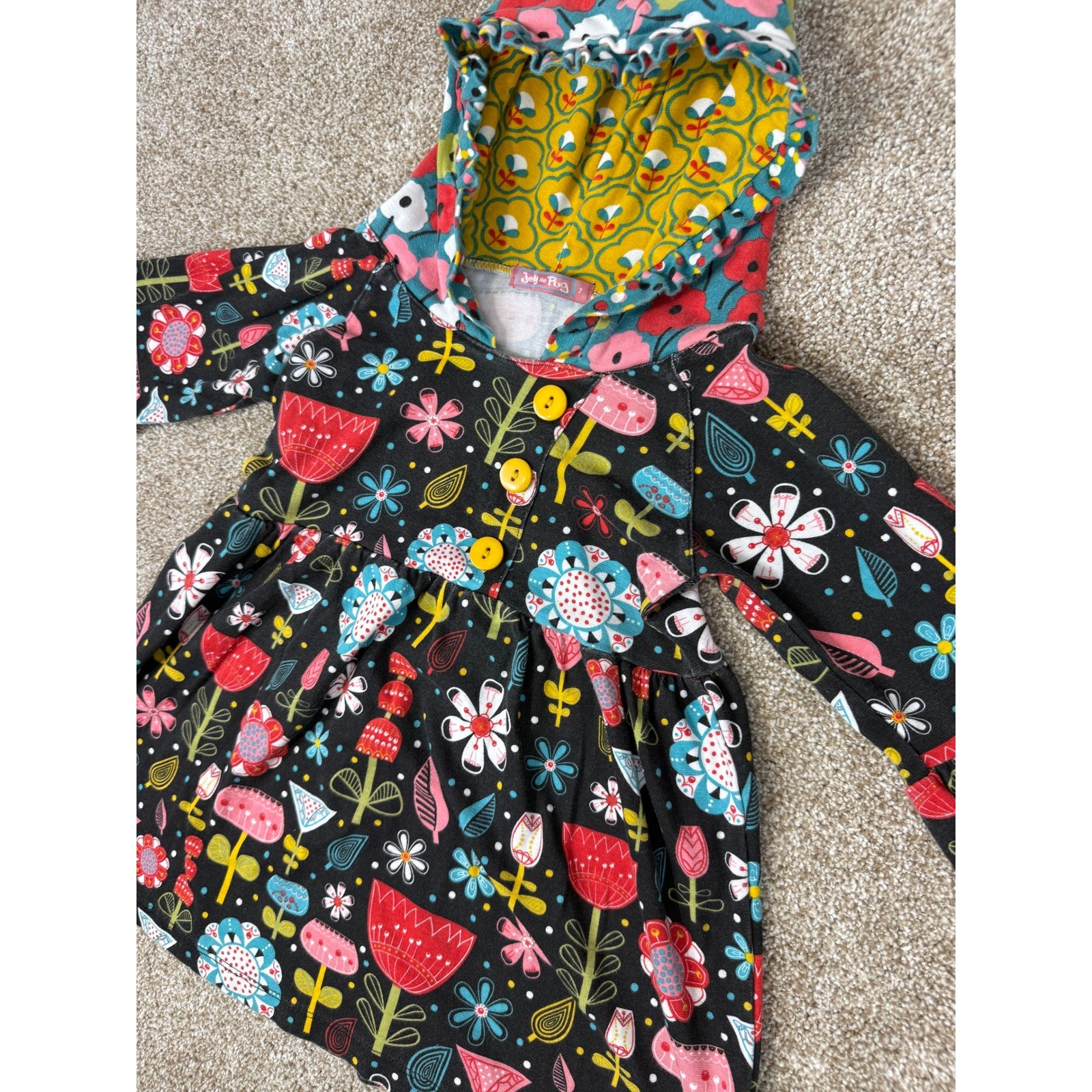 Jelly the Pug Girls 7 Hooded Floral Dress Black Whimsical Long Sleeve Boho