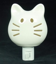 Cute White Kitty Cat 3D Ceramic Night Light Whiskers Light Up Swivel Plug On/Off